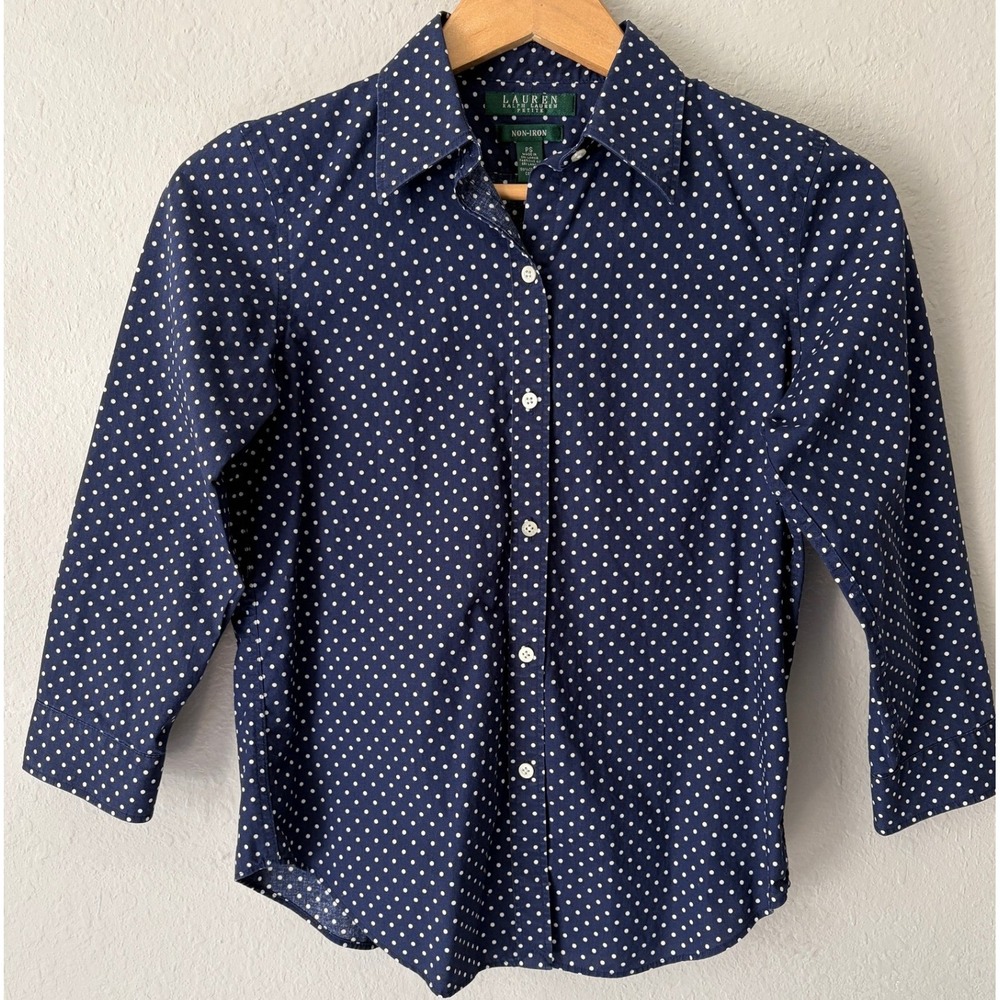Lauren Ralph Lauren Womens Polka Dot Non-Iron Shirt Size PS Navy Blue Old Money